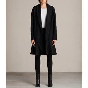 Allsaints Grace Coat Wool Ruffle Hem Long Overcoat Jacket, Black
